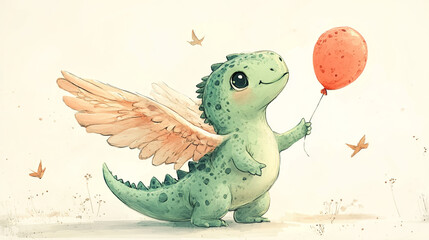 Obraz premium watercolor dragon with a red balloon