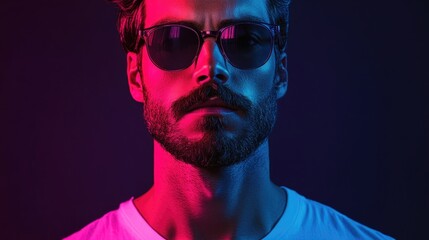 Obraz premium Close-up portrait of a serious male with sunglasses, mustache, and beard, illuminated by vibrant neon lights against a dark backdrop.