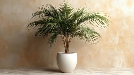 Obraz premium Lush green fronds of a decorative indoor plant rise from a simple white pot. The plant is positioned against a warm, textured background, creating a serene atmosphere