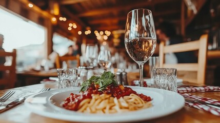 Fototapeta premium A beautifully presented plate of spaghetti topped with sauce and fresh herbs sits on a wooden table, surrounded by an inviting restaurant ambiance with warm lighting and elegant glassware