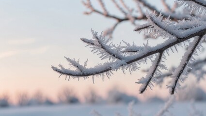 Obraz premium Frosty branches glisten in the morning light at dawn.