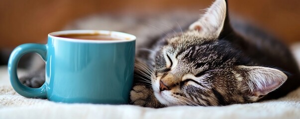 Cozy Cat Curled Up Around a Warm Coffee Mug