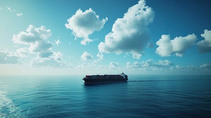 Obraz premium Cargo ship on open ocean under blue sky.