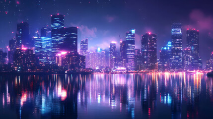 Obraz premium Nighttime cityscape with lively lights and reflections along the water