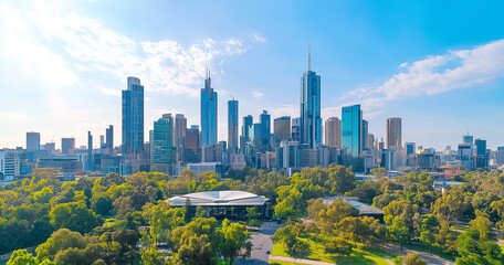 Obraz premium Modern Skyline with High-Rise Office Buildings under Blue Sky