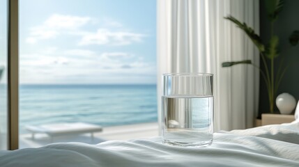 Clear glass filled with pristine water placed in a serene bedroom, with a scenic view of calm ocean water, large windows, and soft natural light illuminating the tranquil setting.