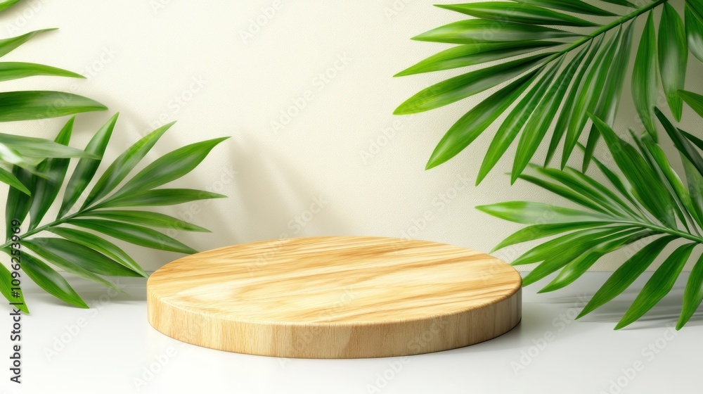 Aufkleber Showcase of natural elements wooden platform surrounded by lush greenery in minimalist setting