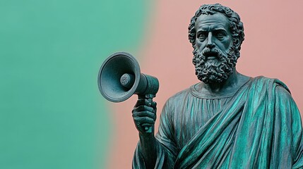 A statue of a classical philosopher is depicted holding a megaphone, symbolizing the importance of voice in contemporary discussions on social issues, set against a vibrant backdrop