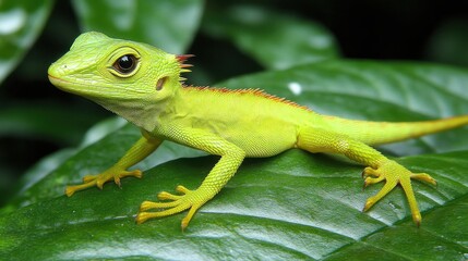 Fototapeta premium A vibrant green lizard rests on a large, glossy leaf in a tropical rainforest, showcasing its unique features and bright coloration under the warm sunlight