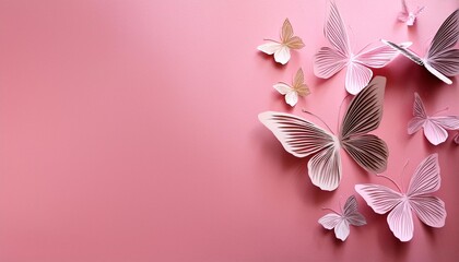butterflies cut out of paper on a pink background spring background