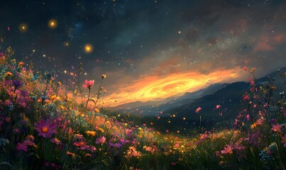 colorful meadow filled with wildflowers and fantasy elements like glowing fireflies or magical creatures