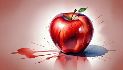 Watercolor Red Apple with Shiny Surface and Detailed Highlights on Transparent Background