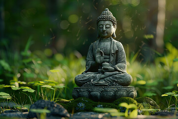 Beautiful greeting card with ancient statue great Buddha to bright holiday composition