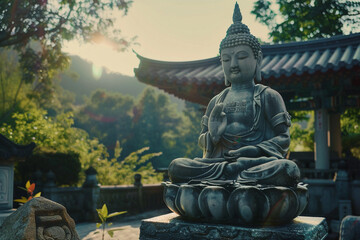 Obraz premium Greeting card with ancient statue great Buddha on holiday composition