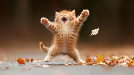 Obraz premium A lively orange kitten with white patches makes a playful leap, surrounded by colorful fallen leaves on a gravel path. The joy of autumn is palpable as it stretches and yawns