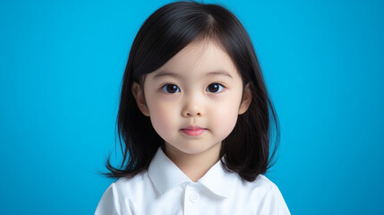 Charming Japanese young girl looking directly at the camera with a vibrant blue backdrop