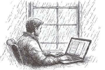 A person working on a laptop while looking out a rain-soaked window.