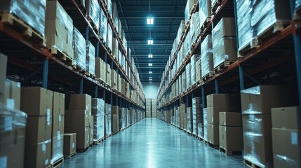 A vast warehouse features towering shelves filled with cardboard boxes, creating a structured and organized storage environment. Bright lights illuminate the well-maintained aisles