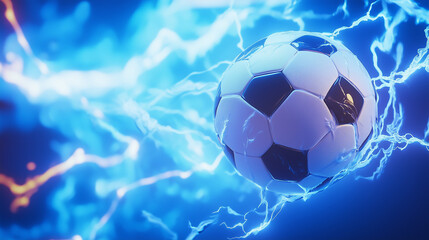 Fototapeta premium A soccer ball charged with vibrant blue electric energy surrounded by glowing sparks on a dark atmospheric background