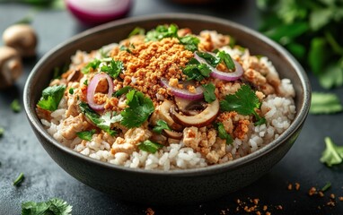 Delicious and Aromatic Tofu Rice Bowl with Mushrooms, Red Onions, and Toasted Peanuts: A Flavorful and Healthy Vegetarian Meal