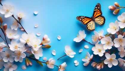 flowering branches and petals on a blue background and butterfly