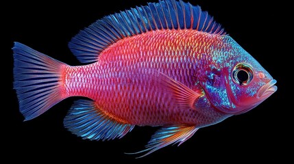 Fototapeta premium A striking fish displays bright colors including pink and blue as it swims gracefully. The details of its scales and fins are highlighted against a black backdrop, creating a stunning visual