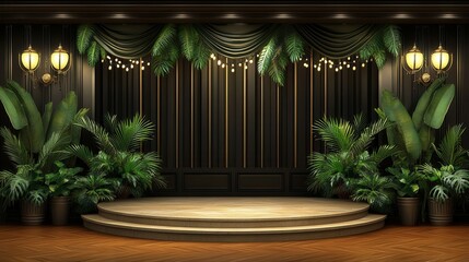 A beautifully designed theater stage features vibrant green plants, soft golden lights, and elegant drapery. It sets a perfect ambiance for live performances and events