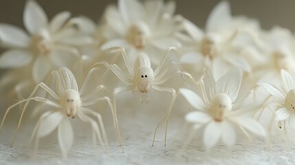 A fascinating display of small, white spiders mimicking flowers is observed in a natural environment under bright daylight, showcasing their unique adaptations and camouflage