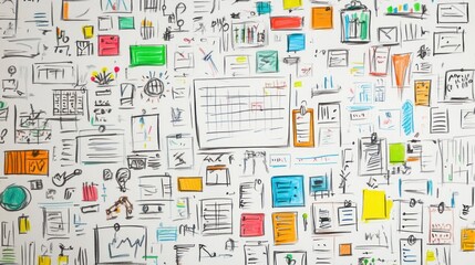 Obraz premium A colorful collage of charts, notes, and sketches illustrating data and ideas.