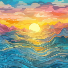 A surreal pastel sun rising over abstract waves in a watercolor style