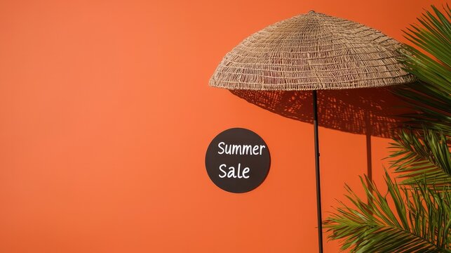A vibrant orange wall features a straw umbrella beside a round sign announcing a summer sale, evoking a sunny, cheerful atmosphere.