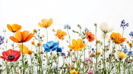 Vibrant wildflowers in a colorful array against a white background.