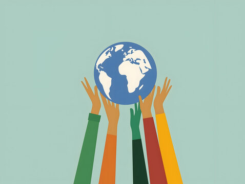 Colorful hands reach up to hold a globe, symbolizing unity, diversity, and global responsibility.