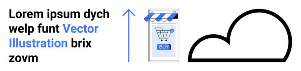 Smartphone with shopping cart, upward arrow, large cloud icon, Latin placeholder text. Ideal for e-commerce, online shopping, cloud storage, digital marketing, mobile apps, web design, technology