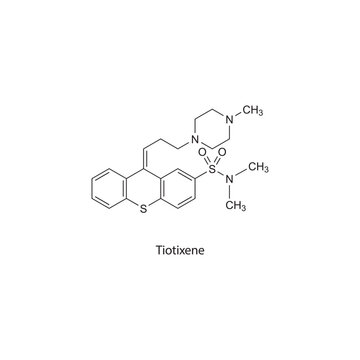 Tiotixene flat skeletal molecular structure Antipsychotic drug used in schizophrenia treatment. Vector illustration scientific diagram.