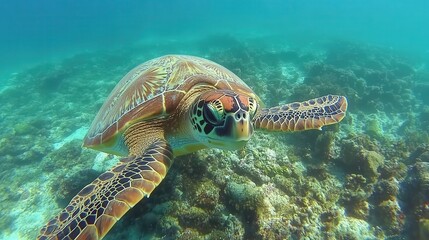 Obraz premium A large sea turtle swims effortlessly among colorful corals in clear, blue water. Sunlight filters through the surface, illuminating its beautiful shell and surroundings