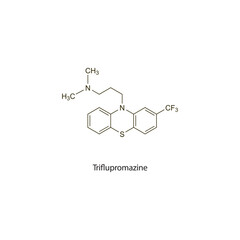 Triflupromazine flat skeletal molecular structure Antipsychotic drug used in Schizophrenia, mania treatment. Vector illustration scientific diagram.