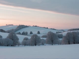 Obraz premium Serene winter morning with a blanket of snow and a warm sunrise.