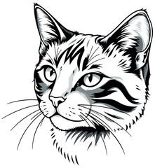 Fototapeta premium Black Drawing of Cats Head Isolated on White Background