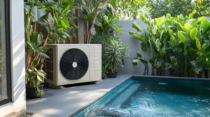 Outdoor heat pump near a pool with decorative plants