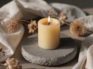 Elegant Yellow Candle on Gray Stone with Dried Flowers and Soft Fabric in Natural Lighting Creating a Calm and Serene Atmosphere for Relaxation and Meditation.
