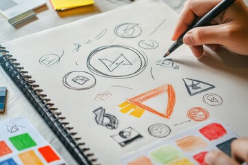 A hand sketches various logo designs on a notebook, showcasing creativity and brainstorming.