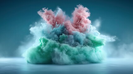 An artistic explosion of colorful smoke, featuring shades of pink, blue, and green, creating a visually stunning and dynamic effect.