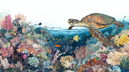 Fototapeta premium A coral reef with a sea turtle gliding gracefully, surrounded by colorful coral gardens and tropical fish 
