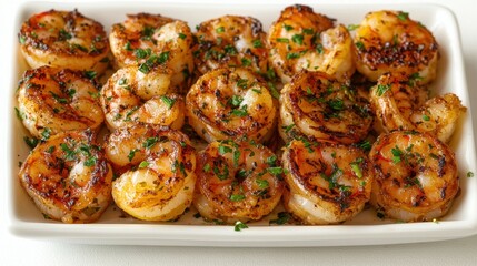 Juicy grilled shrimp seasoned with spices are beautifully arranged on a white platter, garnished with fresh herbs, perfect for a summer gathering with friends and family