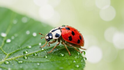 Obraz premium Ladybug on Green Leaf with Water Droplets in Macro View.