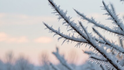 Obraz premium Frosty branches glisten in the morning light at dawn.