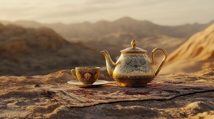 Elegant Arabic teapot and decorative cup set on a patterned cloth in a serene desert landscape, capturing the cultural essence and tranquility of Ramadan at sunset.