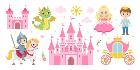 A castle with a dragon and a knight riding a horse. A princess and a prince are standing in front of the castle © MariiaMart