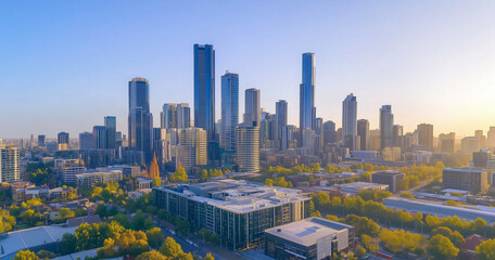 Fototapeta premium Modern Skyline with High-Rise Office Buildings under Blue Sky